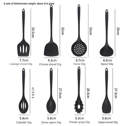 8ps Household black Silicone kitchenware 8-piece set of Chinese spaghetti spoon salad spaghetti spaghetti spaghetti，Rice spoon，